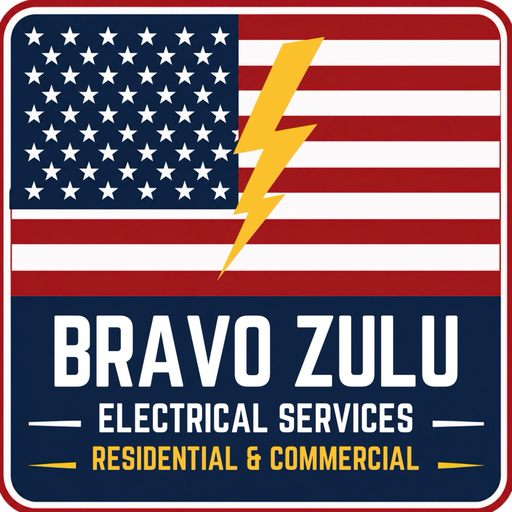 Bravo Zulu Electrical Services badge: US flag with a gold lightning bolt